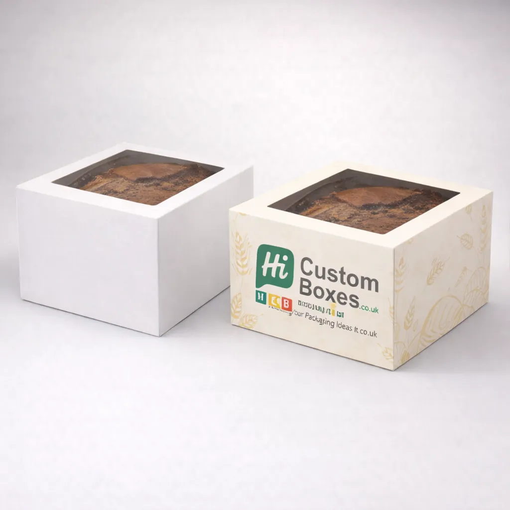 Two square white bread boxes with top windows showing loaves inside, one featuring wheat patterns and logos. class=